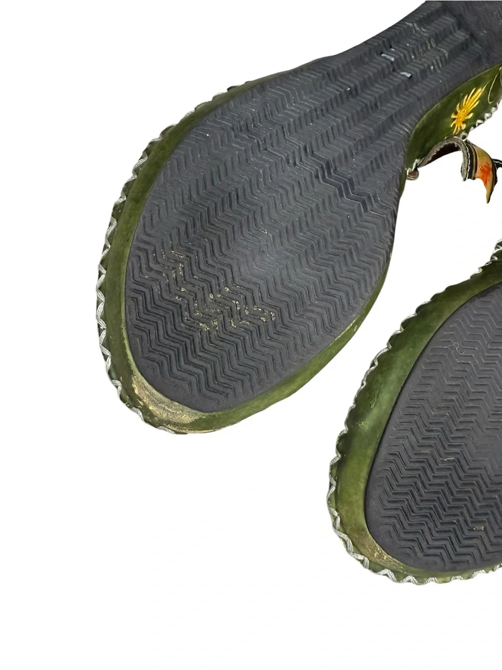 L'ATISTE Green Leather Boho Sandals with Orange Floral Accents